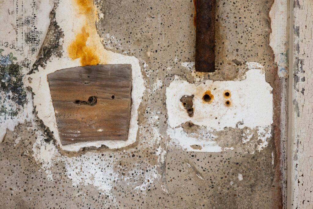 Crumbling wall with visible rust stains, water damage, and mold growth on deteriorating concrete surface requiring professional remediation
