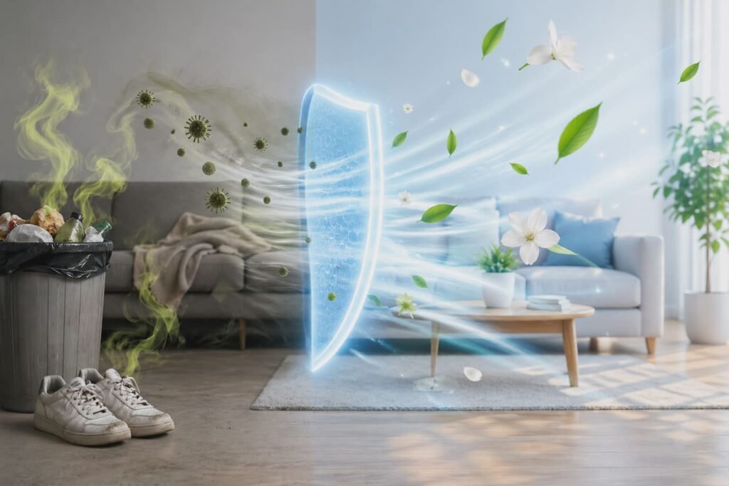 Professional odor removal service showing before and after air purification in a modern living room